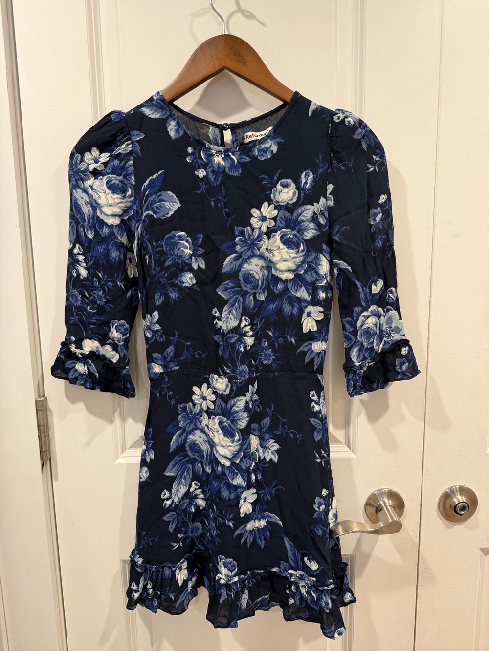 Reformation Navy Blue Floral Ruffle Mini Dress